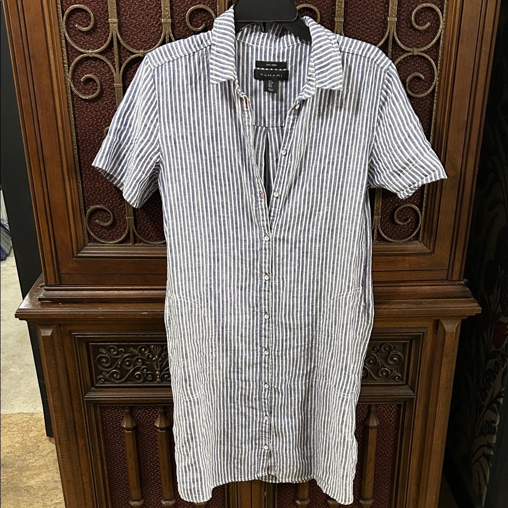 Tahari Blue and White Striped Casual Button Down Shirt
